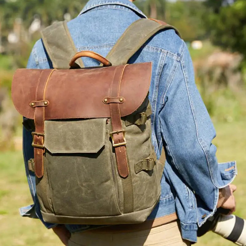 Zaino Casual per Fotocamera e Laptop da Uomo in Pelle e Tela