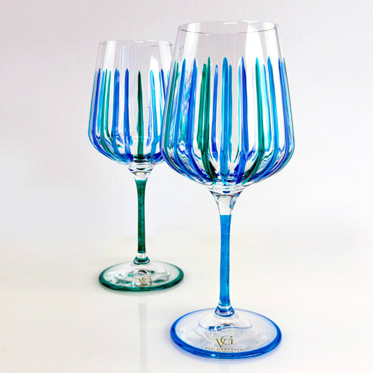 Italian Crystal Set of 2 Spritz Wine Glass, Blue/Green | Made in Venice