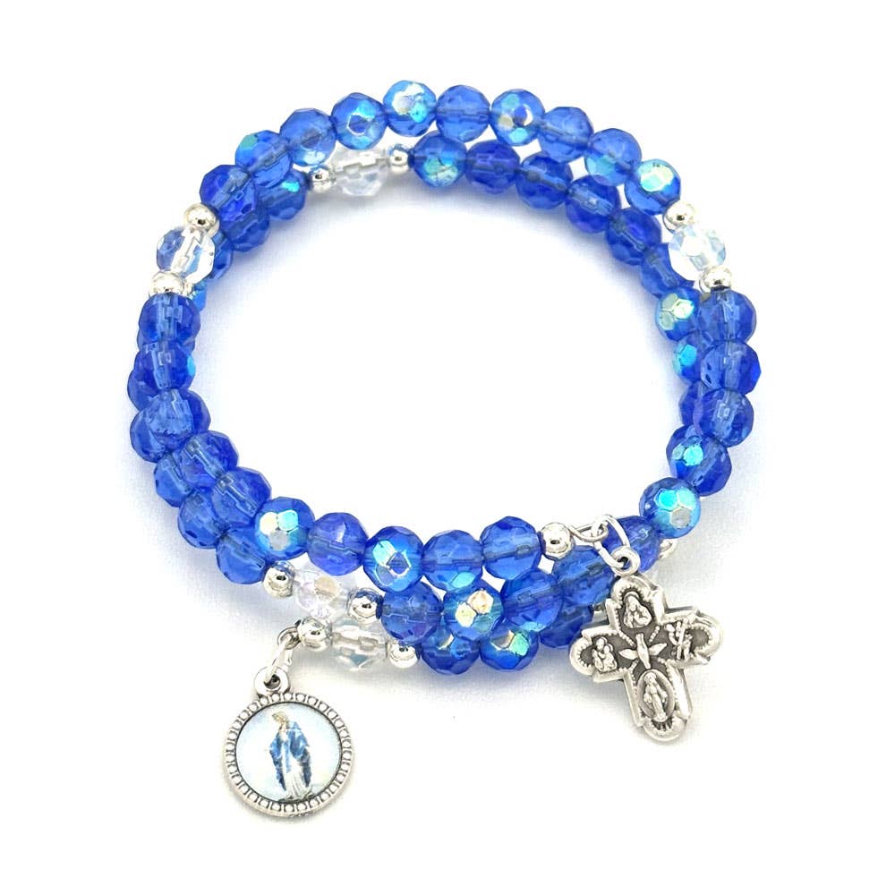 Wrap Around Rosary Bracelet Blue Beads Lady of Grace Medal | Made in Umbria