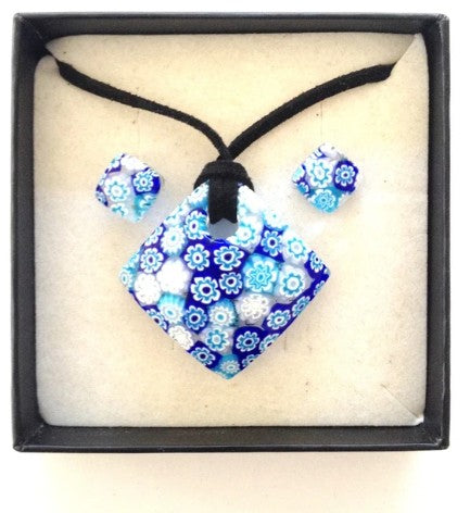 Blue Flowers Murano Glass Necklace & Earrings Jewelry Set | Made in Veneto