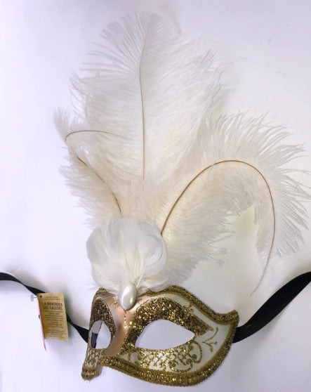 White Ciuffo Star Feather Venetian Masquerade Mask | Made in Veneto