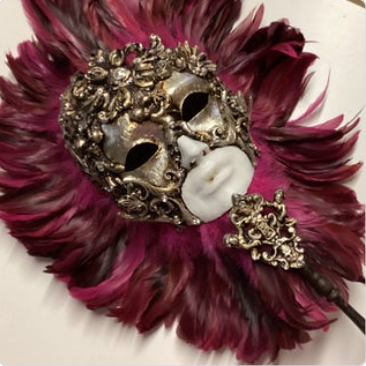 Mask Full Face with Swarovski crystals with Feathers & Handle | Made in Venice
