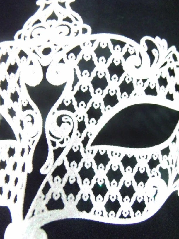 White Glitter Laser Cut Metal Venetian Masquerade Mask | Made in Venice