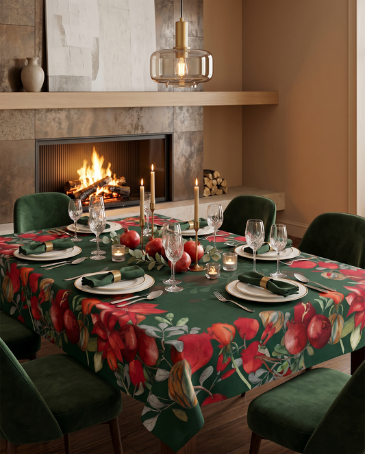 Pomegranate Green Cotton Satin Tablecloth | Made in Sicily