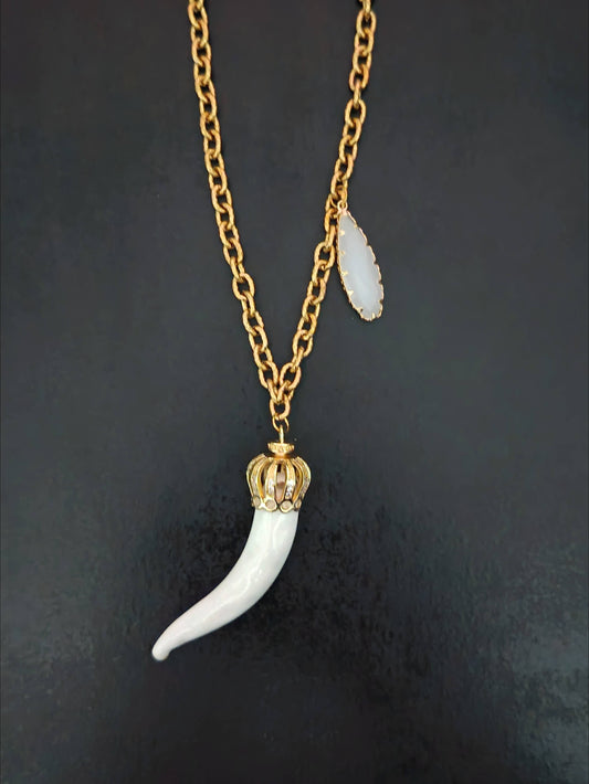 Women's Ceramic Horn Necklace – White, Stainless Steel, 23.6" | Made in Lazio