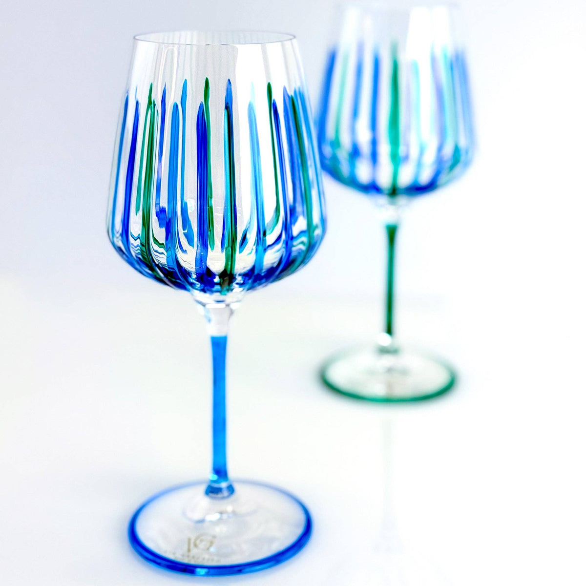 Italian Crystal Set of 2 Spritz Wine Glass, Blue/Green | Made in Venice