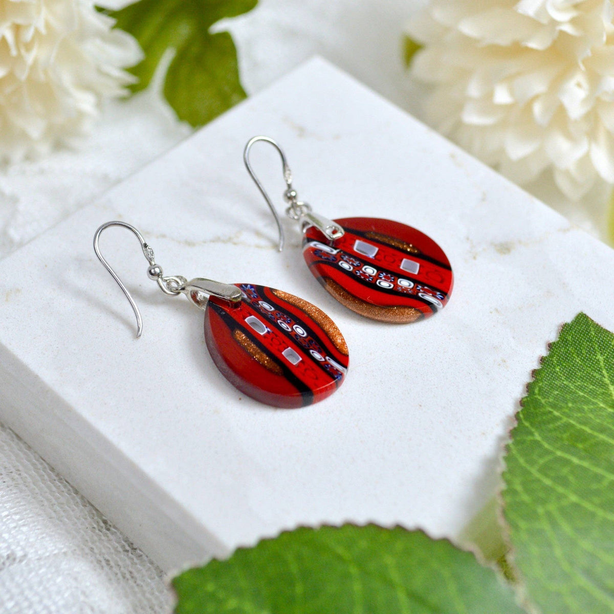 Murano Glass Millefiori Oval Dangle Earrings, Murrine Mosaic, Red | Made in Venice