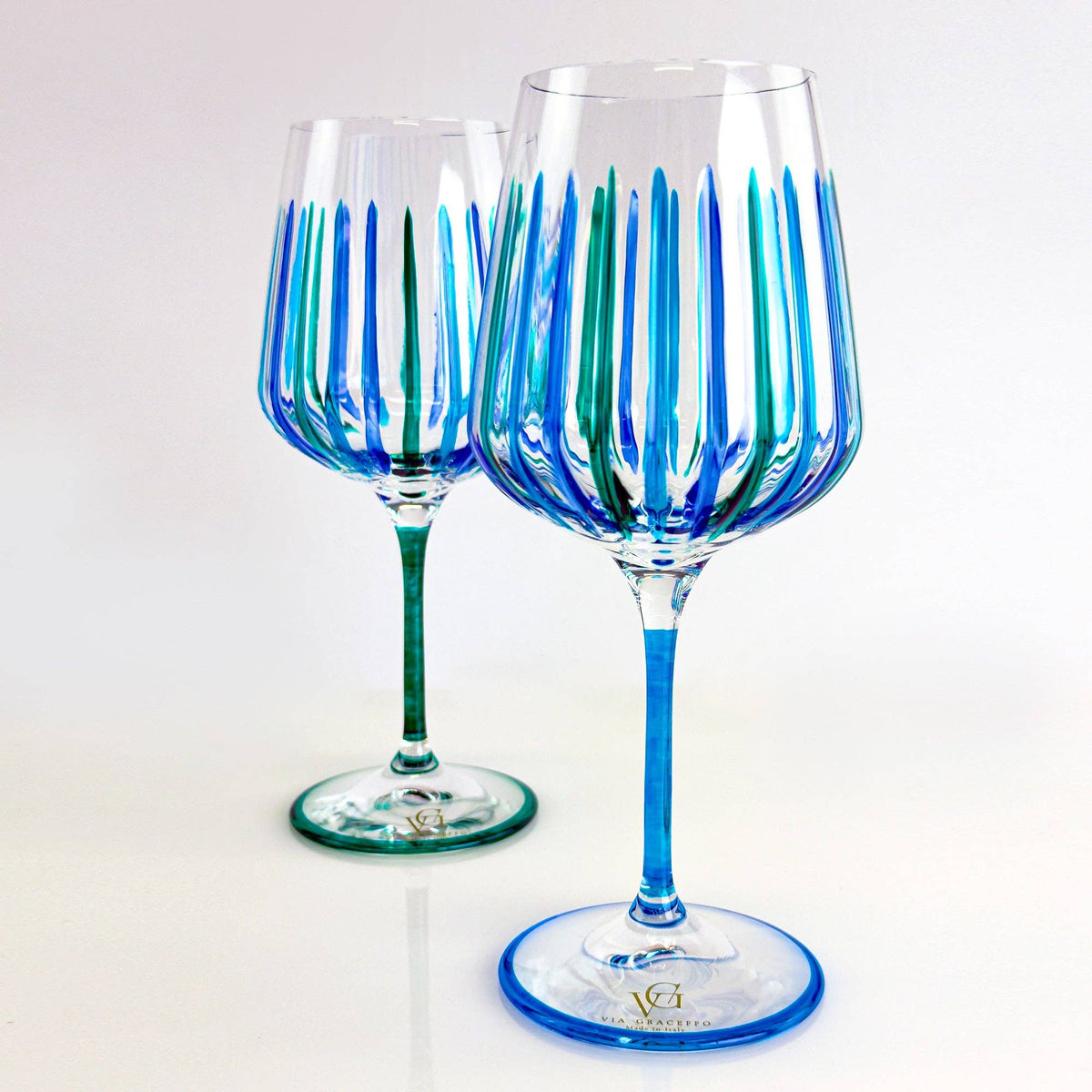 Italian Crystal Set of 2 Spritz Wine Glass, Blue/Green | Made in Venice