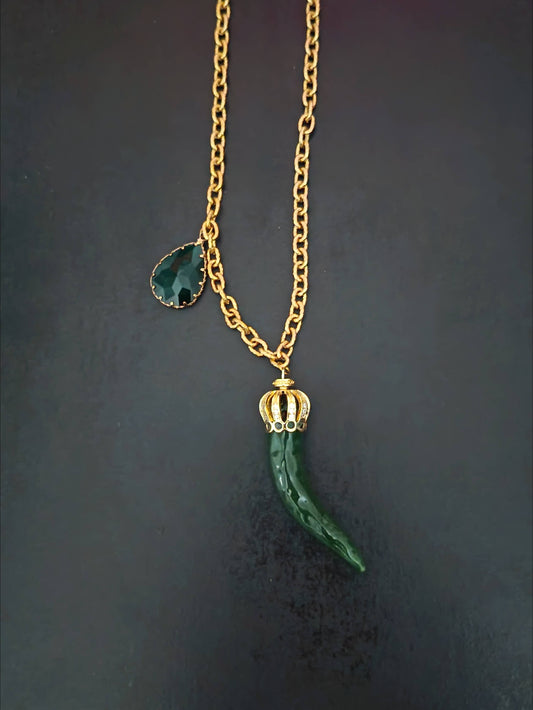 Women's Ceramic Horn Necklace – Green, Stainless Steel, 23.6" | Made in Lazio