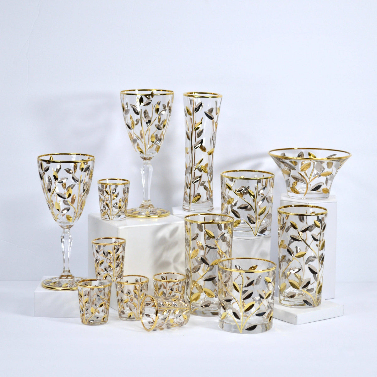 Flowervine Short Drink Glasses, Italian Crystal with Platinum and Gold | Made in Venice