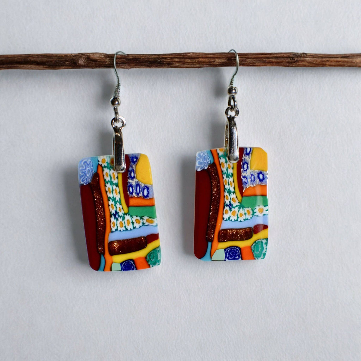Murano Glass Dangle Earrings, Rectangle, Multicolor | Made in Venice