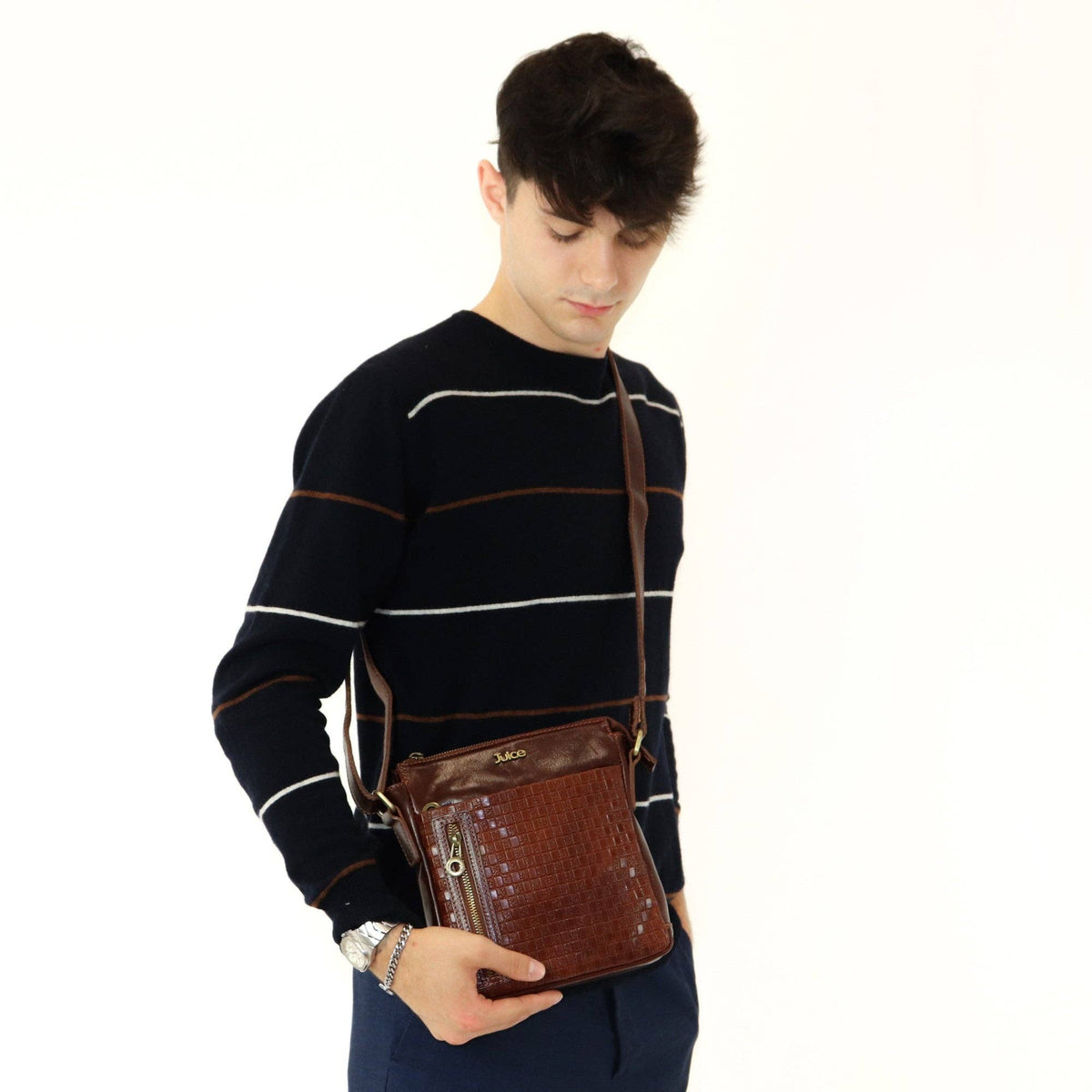 Small Hand Buffered Leather Shoulder Bag with Zip Closure | Made in Tuscany