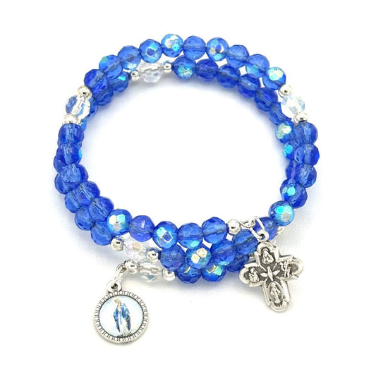 Wrap Around Rosary Bracelet Blue Beads Lady of Grace Medal | Made in Umbria