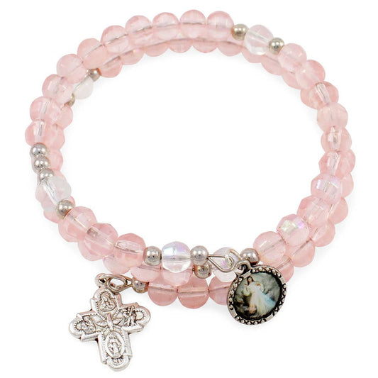 Wrap Around Rosary Bracelet Pink Beads Divine Mercy Medal | Made in Umbria