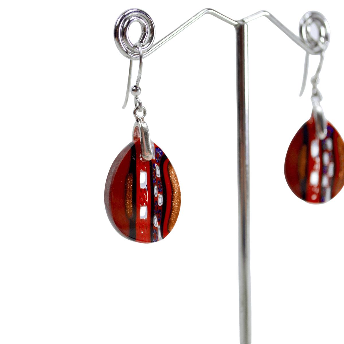 Murano Glass Millefiori Oval Dangle Earrings, Murrine Mosaic, Red | Made in Venice