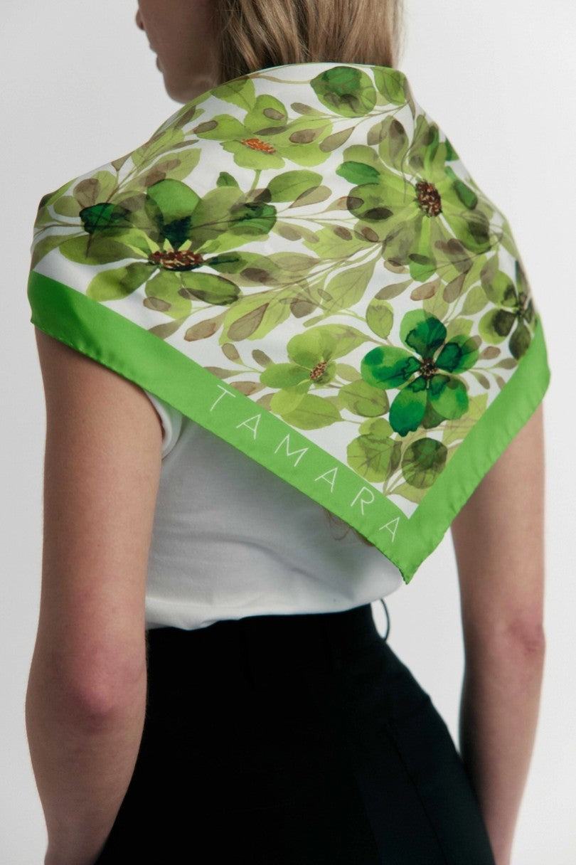 Forest Green Floral Print Silk Scarf | Made in Lombardy