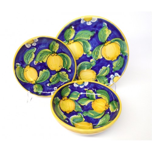 Sicilian 3-Piece Set Plates/Bowl Blue with Lemons | Made in Sicily