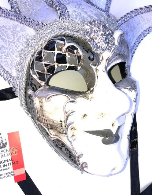 Silver Joker Venezia Punte Maxi Venetian Masquerade Mask | Made in Venice