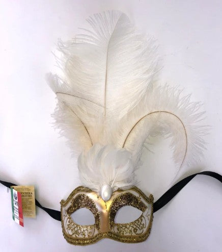 White Ciuffo Star Feather Venetian Masquerade Mask | Made in Veneto