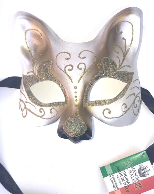 Gold & White Cat Gatto Venetian Masquerade Mask | Made in Venice