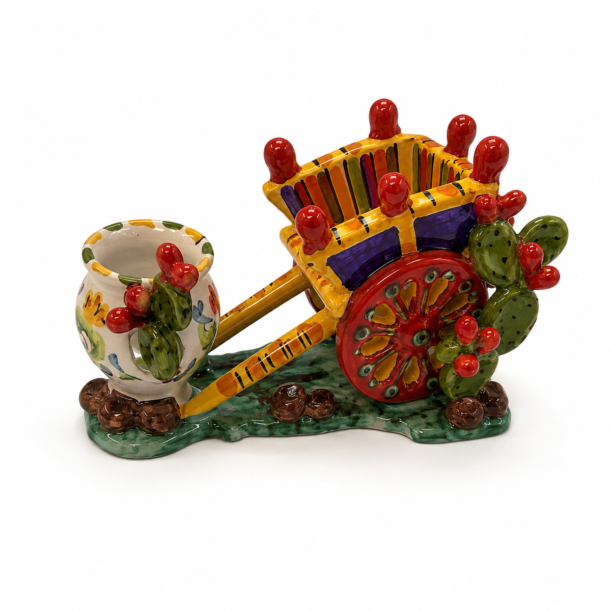 Sicilian Ceramic Cart & Vase Figurine – Handcrafted Decorative Piece (6 Inches) | Made in Sicily