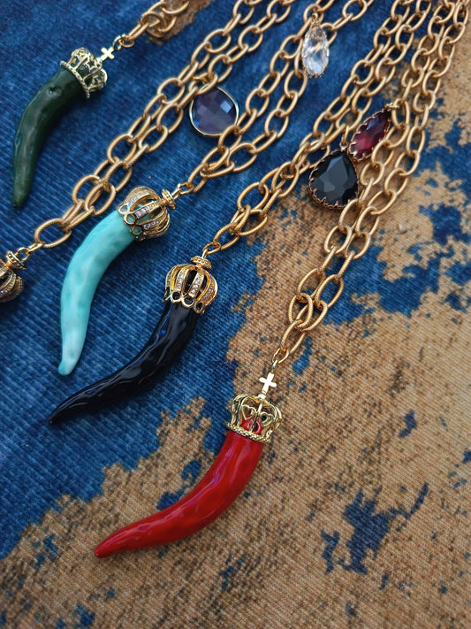 Women's Ceramic Horn Necklace – Azure, Brass with Colored Stones, 27.6" | Made in Lazio