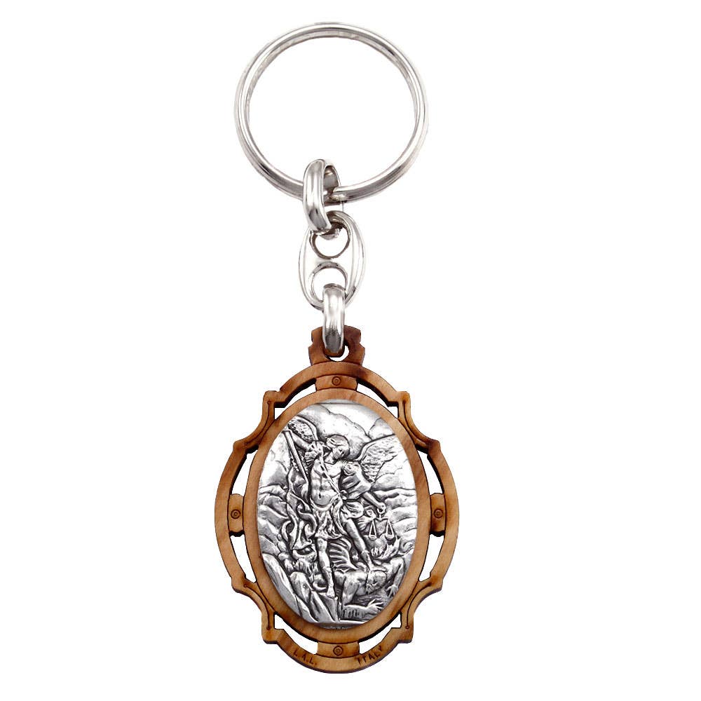 St. Michael Olive Wood Keychain, Embossed Metal Image | Made in Umbria