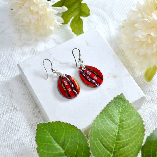 Murano Glass Millefiori Oval Dangle Earrings, Murrine Mosaic, Red | Made in Venice